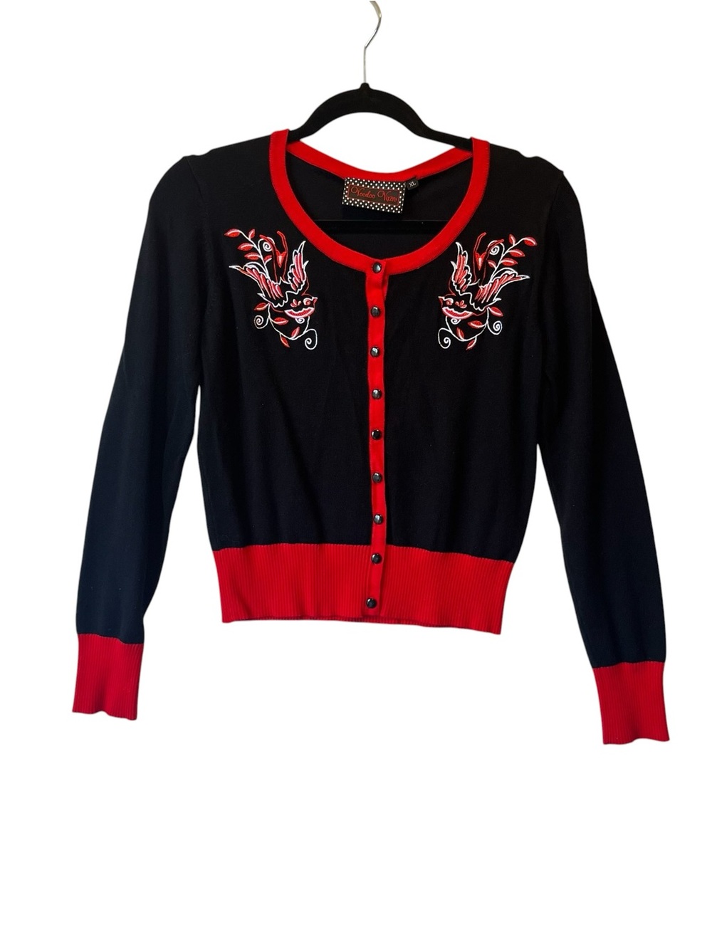 Voodoo Vixen rockabilly cardigan sweater XL Black red Bird applique Womens Pinup